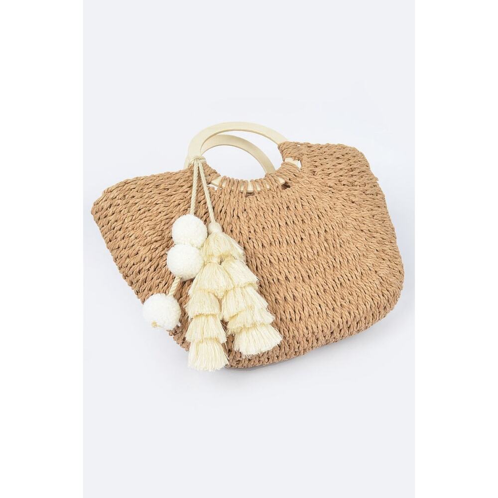 NWT Women's Boho Woven Paper Wood Handle Tasseled Tote Bag - Picture 4 of 8